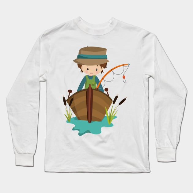 Fishing Boy, Fisherman, Fishing Rod, Brown Hair Long Sleeve T-Shirt by Jelena Dunčević